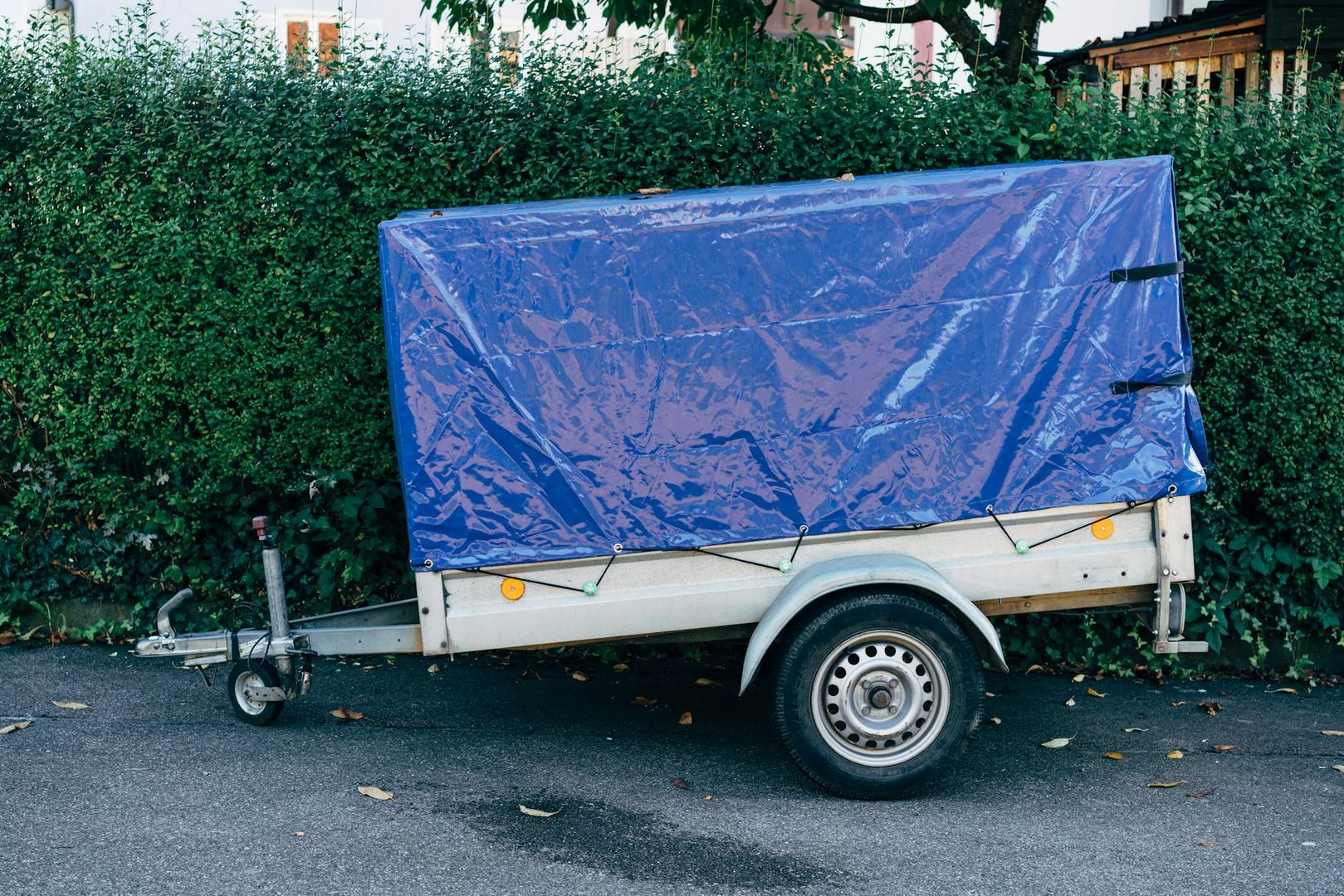 Ein Pkw-Anhänger mit blauer Plane steht vor einer grünen Hecke.